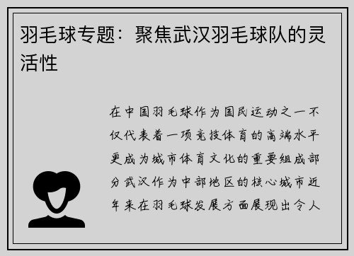 羽毛球专题：聚焦武汉羽毛球队的灵活性