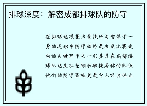 排球深度：解密成都排球队的防守