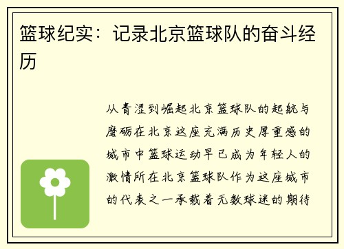 篮球纪实：记录北京篮球队的奋斗经历